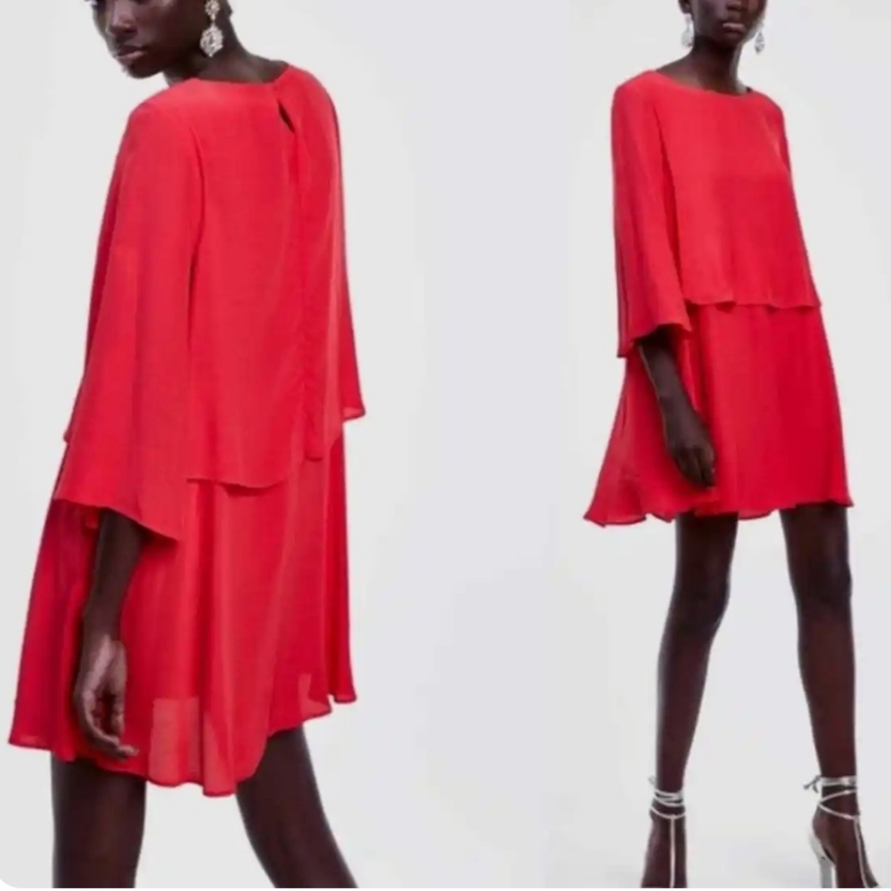 Zara Cape Sleeve Red Dress with Overlay